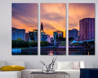 Hartford Connecticut Skyline Canvas Print Wall Art at dusk purple skies USA cityscape art Giclee home art decor, wall decor, interior design