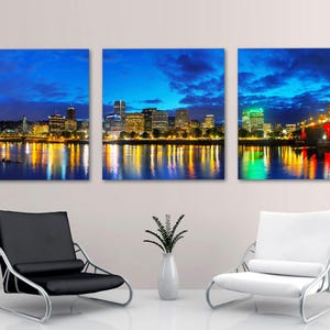 Portland, Oregon Panoramic Cityscape Canvas Print Wall Art & Willamette river, blue skyline night. Giclee for office decor, interior design