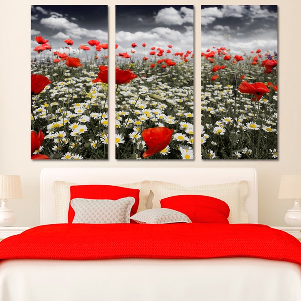 3 Panel Split, Poppies in a field Canvas Print. Triptych. Blooming flowers, red poppies nature photography for wall decor & interior design