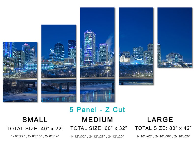 May include: A five-panel canvas print of a city skyline at night. The image shows tall buildings with illuminated windows against a dark blue sky. The total sizes are 40" x 22", 60" x 32", and 80" x 42".