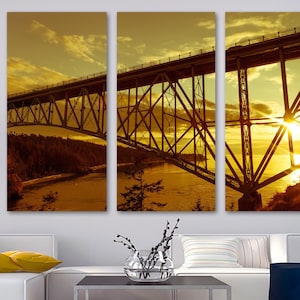 Deception Pass Bridge Washington State Canvas Print Wall Art in golden sunset Bridge art -Giclee home art decor, wall decor, interior design