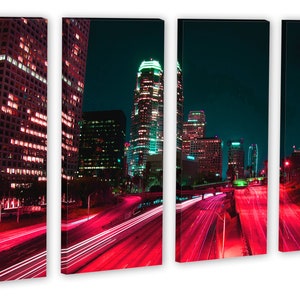 Downtown LA, Los Angeles City skyline Canvas Print. 3 Panel Split, Triptych. Pink-red freeway for home or office wall decor, interior design 4 Panel