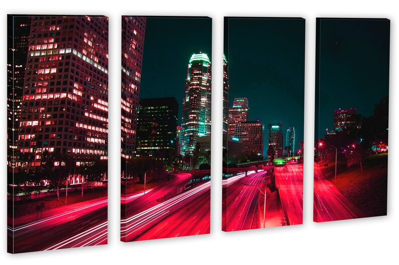 Downtown LA, Los Angeles City skyline Canvas Print. 3 Panel Split, Triptych. Pink-red freeway for home or office wall decor, interior design 4 Panel