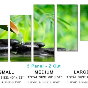 May include: A five-panel canvas print with a Z-cut design. The image features a bamboo shoot pouring water onto smooth black stones in a pool of water. The background is a blurred image of green bamboo leaves. The print is available in three sizes: small (40 inches by 22 inches), medium (60 inches by 32 inches), and large (80 inches by 42 inches).
