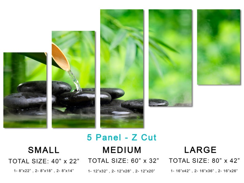 May include: A five-panel canvas print with a Z-cut design. The image features a bamboo shoot pouring water onto smooth black stones in a pool of water. The background is a blurred image of green bamboo leaves. The print is available in three sizes: small (40 inches by 22 inches), medium (60 inches by 32 inches), and large (80 inches by 42 inches).
