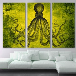Lord Bodner's Octopus Yellow Wall Art Kraken Canvas Print w Green hint background. Giant tentacles art - GIclee home office wall decor