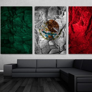 Mexico Flag Canvas Print Wall Art stone back Effect - 3 panel split, Triptych - Country flag home decor wall decor interior design