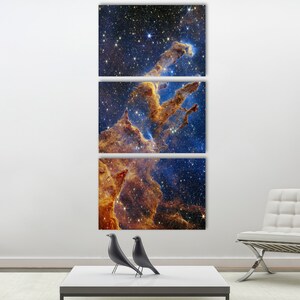May include: A three-piece canvas print set featuring a vibrant nebula with swirling orange and yellow clouds against a dark blue background dotted with stars.