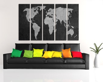 Black and silver World Map Canvas Print - 5 Panel Split. Giclee wall art for home or office wall decor & interior design. digitally textured