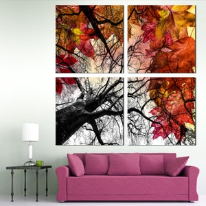 Tree + Colorful Leaves. 4 Panel Split (Quad) Canvas Print. Black and white tree, red, orange autumn colors for office room wall decor.