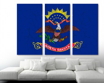 North Dakota State Flag Canvas Print Wall Art - 3 panel split, Triptych - Cracked effect, USA state flag home wall decor interior design