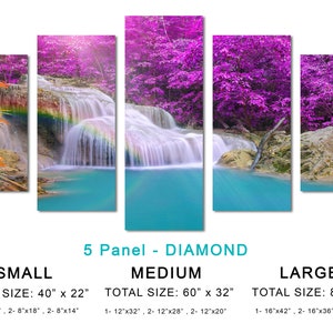 May include: A five-panel diamond-shaped canvas print featuring a waterfall cascading through a lush forest with vibrant purple foliage. The print is available in three sizes: small (40 inches by 22 inches), medium (60 inches by 32 inches), and large (80 inches by 42 inches).