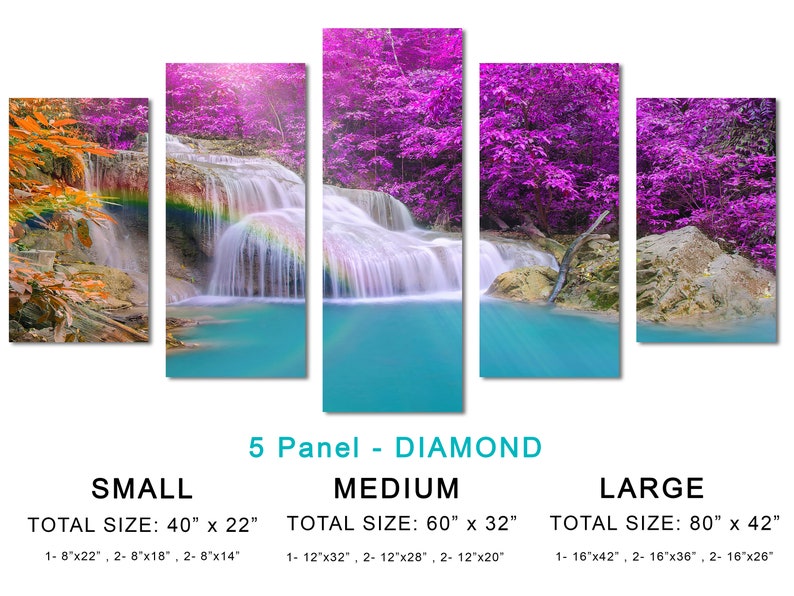 May include: A five-panel diamond-shaped canvas print featuring a waterfall cascading through a lush forest with vibrant purple foliage. The print is available in three sizes: small (40 inches by 22 inches), medium (60 inches by 32 inches), and large (80 inches by 42 inches).