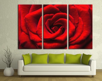 Red Rose - 3 Panel Split, Triptych Canvas Print. Flower print for living room wall decor & interior design. Multi panel Giclee, 1.5" deep