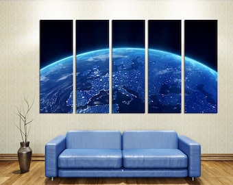 Blue Earth From Space, at night Canvas Print - 5 Panel Split. Earth, Europe space photo shot for home, office wall decor interior design.