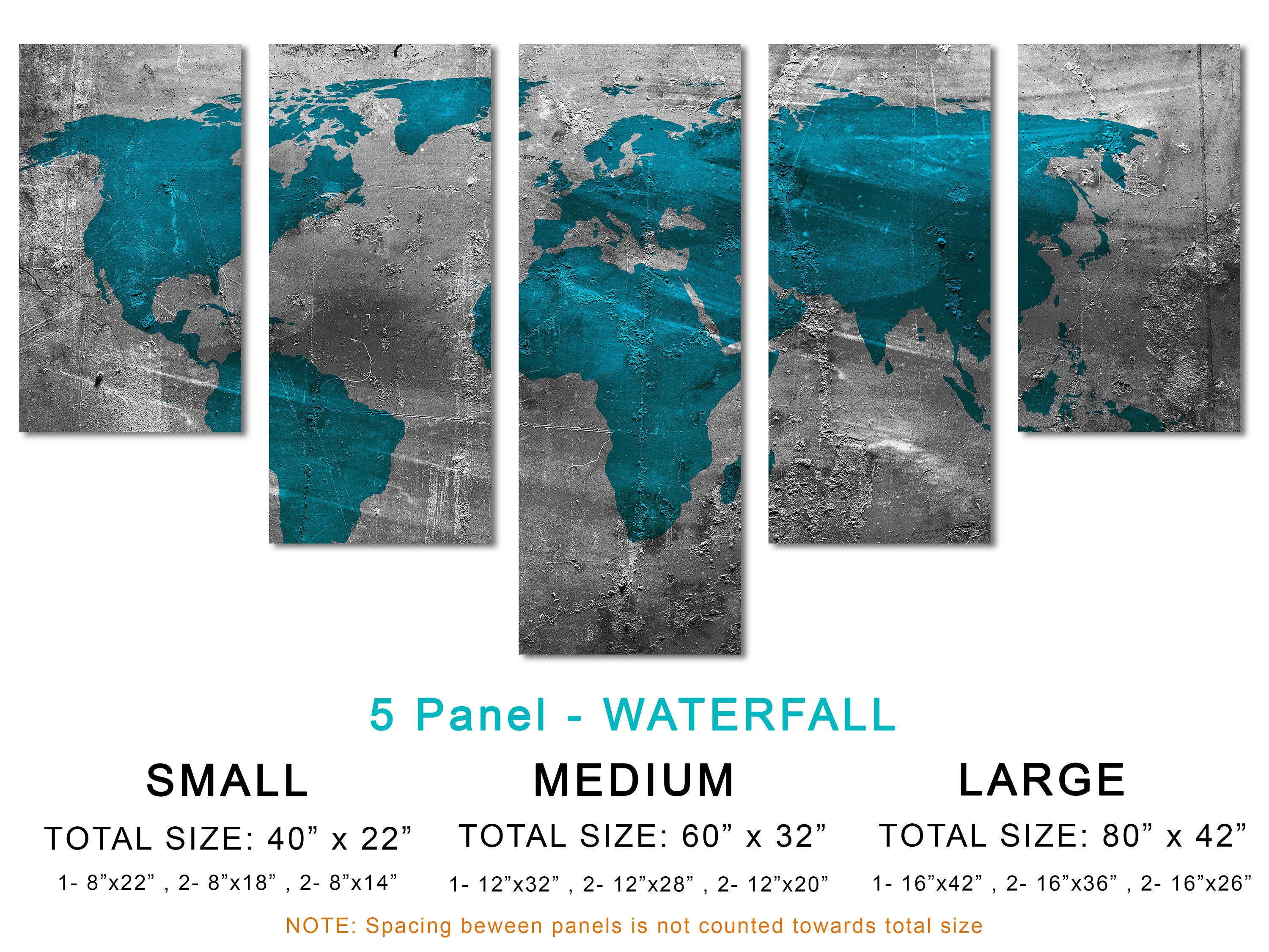 Teal World Map Canvas Wall Art on Gray Abstract Industrial Print for ...