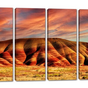 Painted Hills Canvas Print Wall art orange skies at John Day Oregon National Monument. Scenic Landscape Print Giclee home office wall decor 4 Panel