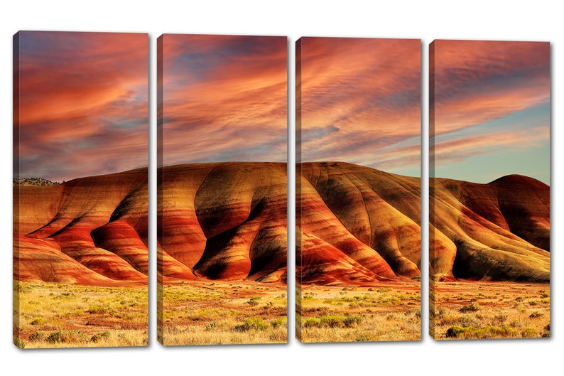 Painted Hills Canvas Print Wall art orange skies at John Day Oregon National Monument. Scenic Landscape Print Giclee home office wall decor 4 Panel