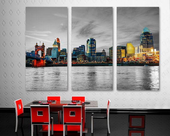 Cincinnati Wall Art Canvas Print, Cincinnati Ohio Skyline Color black & white background -Giclee home art decor, wall decor, interior design