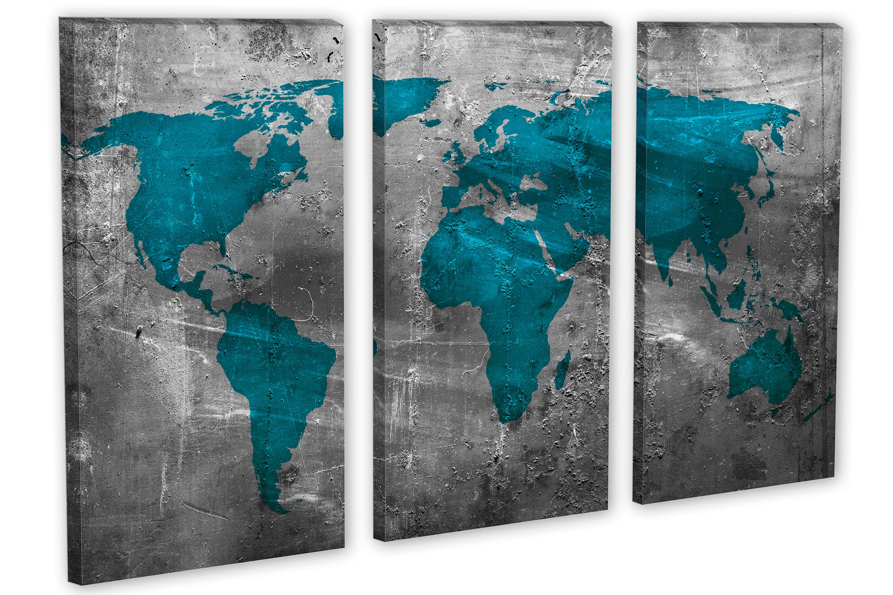 Teal World Map Canvas Wall Art on Gray Abstract Industrial Print for ...