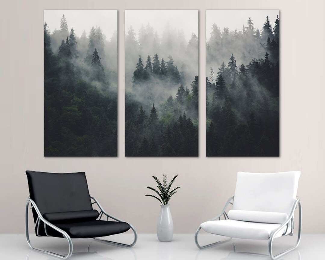 Foggy Mountain Forest Canvas Prints Large Wall Art Spruce Tree Misty ...