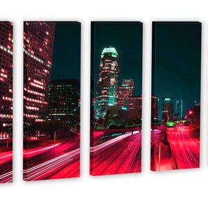 Downtown LA, Los Angeles City skyline Canvas Print. 3 Panel Split, Triptych. Pink-red freeway for home or office wall decor, interior design 5 Panel