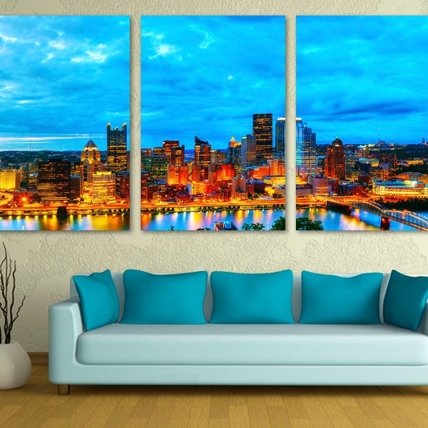 Pittsburgh, Pennsylvania skyline at sunset - Canvas Print Triptych, 3 Panel Split - Monongahela River. Panoramic art for wall decor