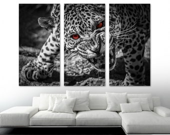 Roaring Jaguar Canvas Print Wall Art B&W Red Eyes. Jaguar art, big cat wall art wildlife animal prints -Giclee wall decor home office decor