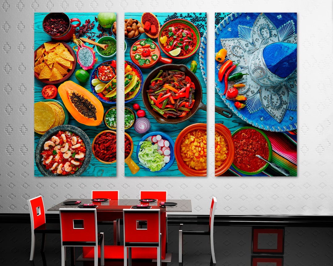 Mexican Food Kitchen Wall Art Canvas Prints Decor W Colorful Blue Hat ...