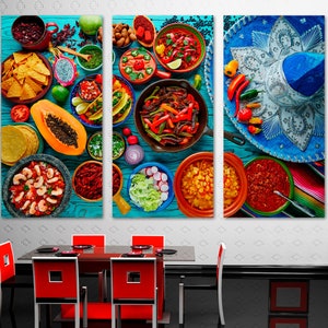 Mexican Food Kitchen Wall Art Canvas Prints Decor w Colorful Blue Hat. Mexican cuisine Food Print - Giclee Restaurant Wall Decor, Home Decor