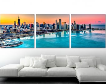 Chicago Illinois panoramic skyline Canvas Print Wall Art -  3 Panel Split, Triptych -  home decor, wall decor, interior design, usa skyline