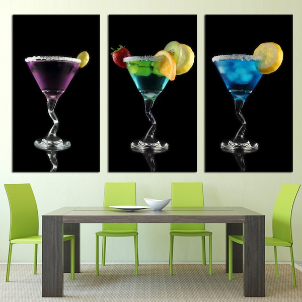 Colorful Martini Cocktail Drinks - 3 Panel Split, Triptych Canvas Print. - Modern Wall Art Prints for kitchen wall decor - 1.5" deep frames