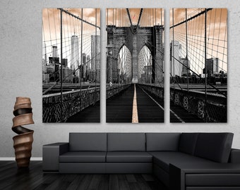 Epic Brooklyn Bridge Canvas Wall Art with Manhattan Skyline in Black and White & Sepia Skies