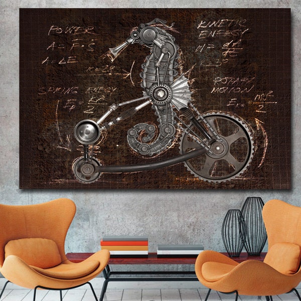 Steampunk Seahorse Wall Art Canvas Print rustic home decor, wall decor and garage industrial style Steam Punk artwork. Giclee basement print