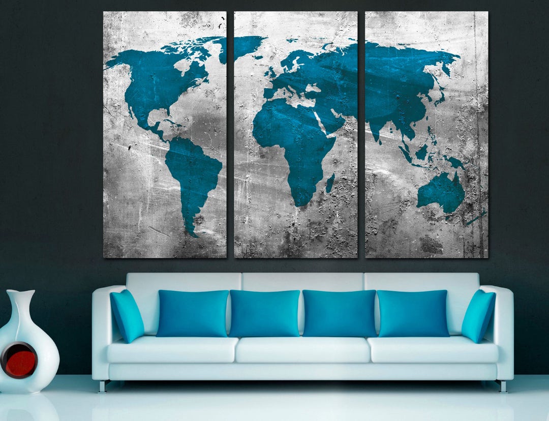 Teal Blue World Map Canvas Print Wall Art With Abstract Silver ...