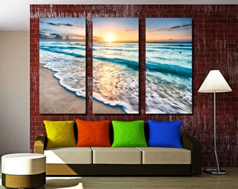 Beach Sunrise Wall Art in Cancun Photo Canvas Print Decor. Mexico Blue skies, water & waves - Giclee home office wall decor, interior design