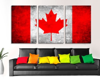 Canada Flag Canvas Print Wall Art silver Grunge Effect - 3 panel split, Triptych - Canada country flag for home wall decor, interior design