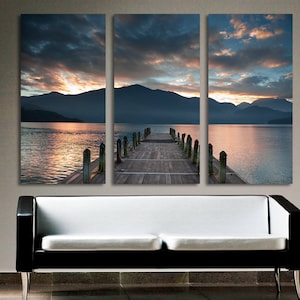 Cloudy lake docks sunset Canvas Wall Art Print Set. Scenic landscape photography Giclee for home, office room wall decor and interior design