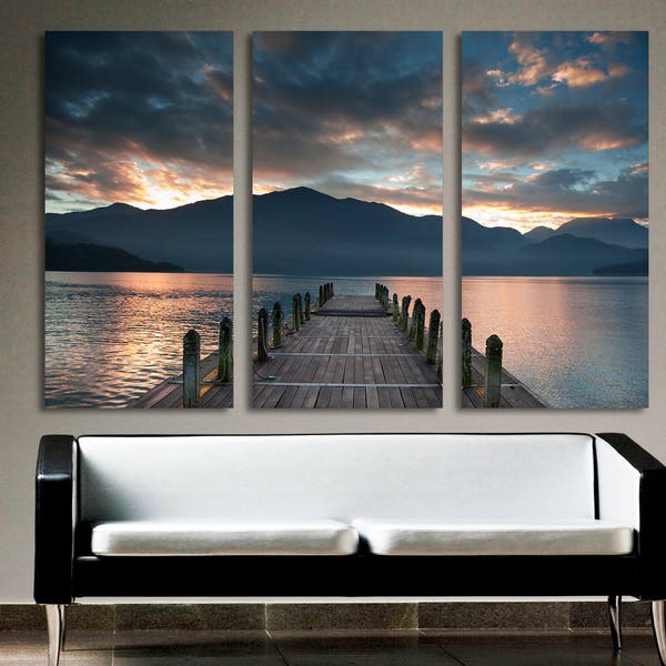 Cloudy lake, docks sunset -3 Panel Split (Triptych) Canvas Print. Scenic photography for home, office room wall decor and interior design