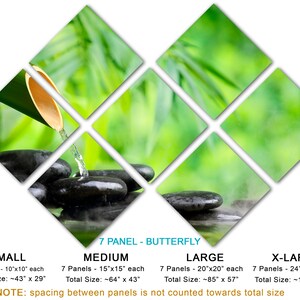May include: A 7-panel butterfly canvas print featuring a close-up of smooth black stones with water flowing over them, set against a backdrop of lush green bamboo leaves. The print is available in four sizes: small (43" x 29"), medium (64" x 43"), large (85" x 57"), and x-large (102" x 68").