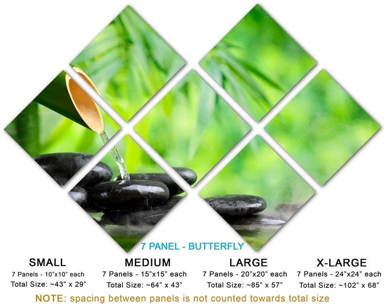 May include: A 7-panel butterfly canvas print featuring a close-up of smooth black stones with water flowing over them, set against a backdrop of lush green bamboo leaves. The print is available in four sizes: small (43" x 29"), medium (64" x 43"), large (85" x 57"), and x-large (102" x 68").