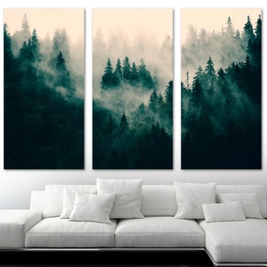 Foggy Forest Wall Art Canvas Print. Dark Misty Forest Pine Forest Mountain Forest Landscape nature wall art - Giclee home office wall decor