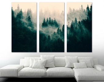 Foggy Forest Wall Art Canvas Print. Dark Misty Forest Pine Forest Mountain Forest Landscape nature wall art - Giclee home office wall decor