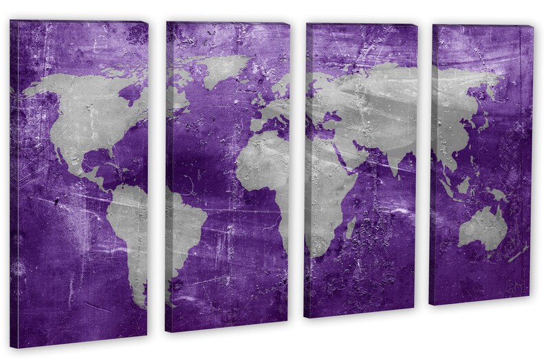 Purple and Silver World Map Canvas Print 3 Panel Split | Etsy