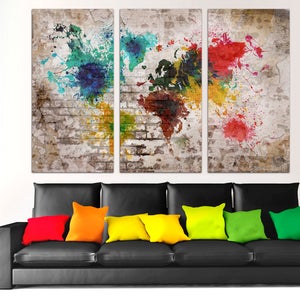 Colorful Brick Wall Art World Map Canvas Print Beige. Giclee Print for wall decor, home or office decoration & interior design