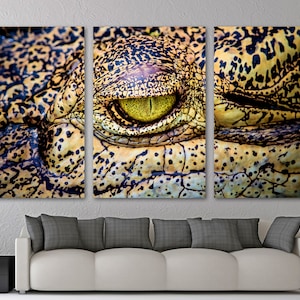 Crocodile eye, Canvas Print Alligator wall art yellow - Wildlife animal art photo - Giclee art for home decor, wall decor, interior design