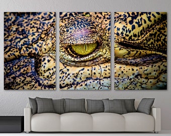 Crocodile eye, Canvas Print Alligator wall art yellow - Wildlife animal art photo - Giclee art for home decor, wall decor, interior design