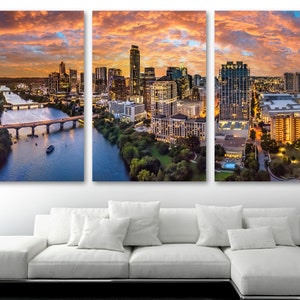Austin Texas skyline Wall Art Canvas Print. Austin TX fiery orange skies over Colorado River - Giclee office decor wall decor, home decor