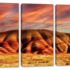 Painted Hills Canvas Print Wall art orange skies at John Day Oregon National Monument. Scenic Landscape Print Giclee home office wall decor 3 Panel