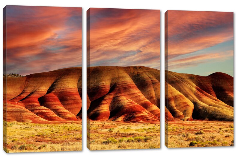 Painted Hills Canvas Print Wall art orange skies at John Day Oregon National Monument. Scenic Landscape Print Giclee home office wall decor 3 Panel